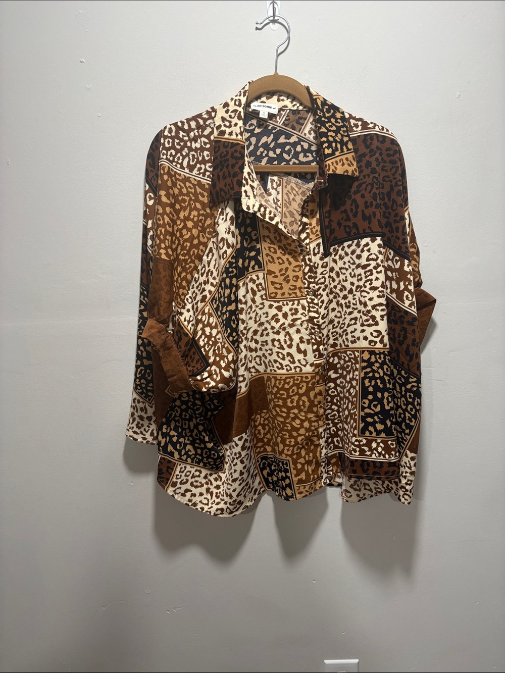 eesome Patchwork Animal Print Button-Up Jacket in Brown and Black
